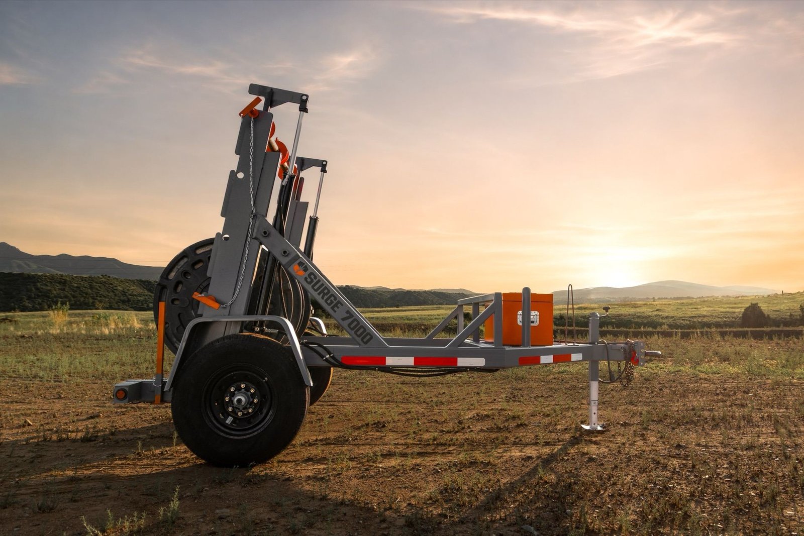 Tierra Force Surge 7000 self-loading cable reel trailer at sunset